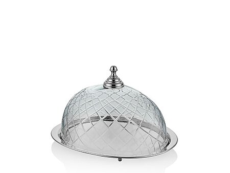 Oval Cam Kapaklı Kek Standı Gümüş 