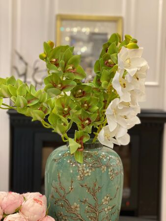 Yapay Islak Dokulu 10 Çiçekli Yeşil Singapur Orkide (75cm) - 3